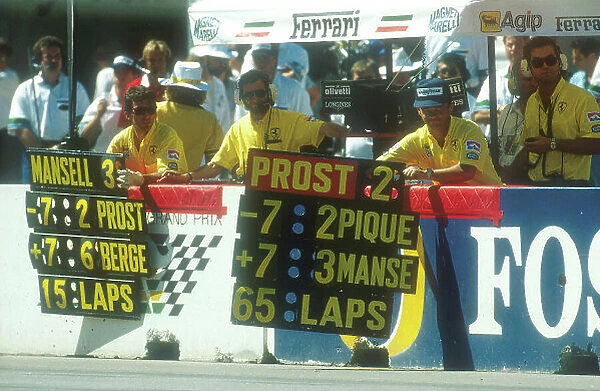 1990 Australian Grand Prix. Adelaide, Australia. 2-4 November 1990. The Ferrari crew hang out the pit boards for their drivers Prost and Mansell. Ref-90 AUS 28. World Copyright - LAT Photographic