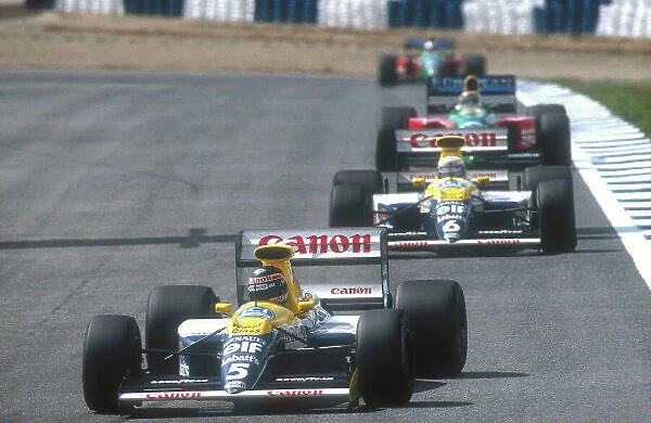 1990 Spanish Grand Prix. Jerez, Spain. 28-30 September 1990. Thierry Boutsen followed by teammate Riccardo Patrese (both Williams FW13B Renault's), Nelson Piquet and Alessandro Nannini (both Benetton B190 Ford's)