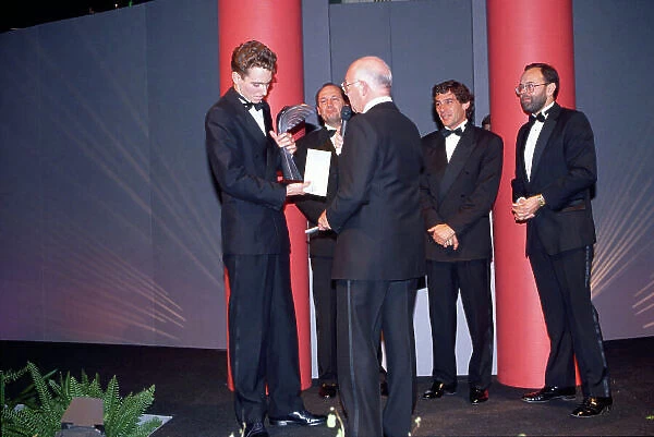 1991 Autosport Awards. Grosvenor House Hotel, Park Lane, London. 8th December 1991. Ayrton Senna presents Oliver Gavin with the Autosport Young Driver of the Year Award as Murray Walker interviews him with Ron Dennis and Peter Foubister, portrait