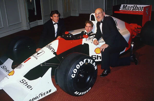 1991 Autosport Awards. Grosvenor House Hotel, Park Lane, London. 8th December 1991. Ayrton Senna presents Oliver Gavin with the Autosport Young Driver of the Year Award with Stirling Moss, portrait. World Copyright: LAT Photographic
