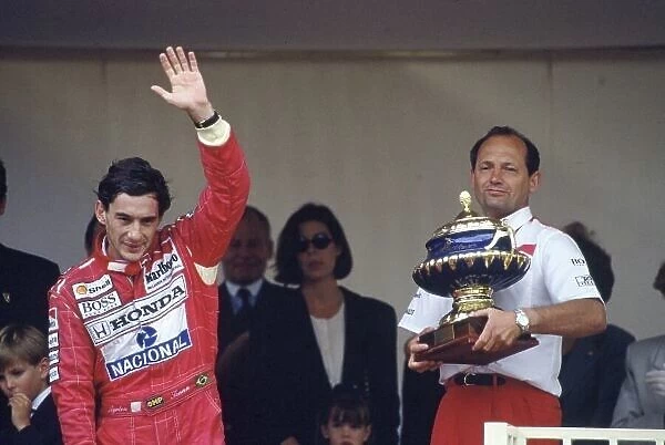 1992 Monaco Grand Prix. Monte Carlo, Monaco. 28-31 May 1992. Ayrton Senna (McLaren Honda) 1st position with team boss Ron Dennis, podium Ref-92 MON 29. World Copyright - LAT Photographic