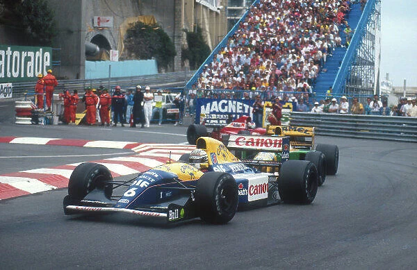 1992 Monaco Grand Prix. Monte Carlo, Monaco. 28-31 May 1992. Riccardo Patrese (Williams FW14B Renault) 3rd position at the Nouvelle Chicane, followed by Michael Schumacher (Benetton B192 Ford) and J.J