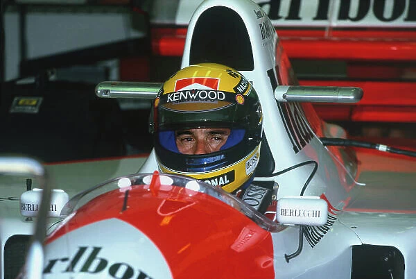 1993 Brazilian Grand Prix. Interlagos, Sao Paulo, Brazil. 26th - 28th March 1993. Ayrton Senna (McLaren MP4 / 8 Ford) 1st position, in the pits, portrait. World Copyright: LAT Photographic. Ref: 93BRA