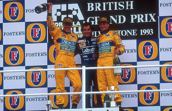 1993 British Grand Prix. Silverstone, England. 9-11 July 1993. Alain Prost (Williams Renault) 1st position with Michael Schumacher 2nd position and Riccardo Patrese