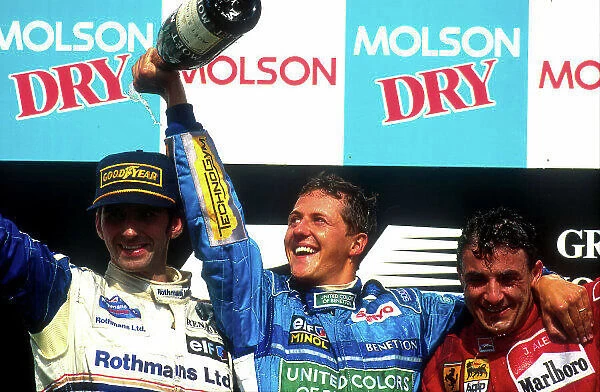 1994 Canadian Grand Prix. Montreal, Quebec, Canada. 10-12 June 1994. Michael Schumacher (Benetton Ford) 1st position, Damon Hill (Williams Renault) 2nd position and Jean Alesi (Ferrari)