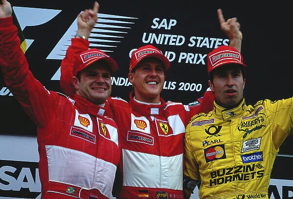 2000 United States Grand Prix. Indianapolis, Indiana, USA. 22-24 September 2000. Michael Schumacher (Ferrari) 1st position, Rubens Barrichello (Ferrari) 2nd position and Heinz-Harald Frentzen (Jordan Mugen-Honda)