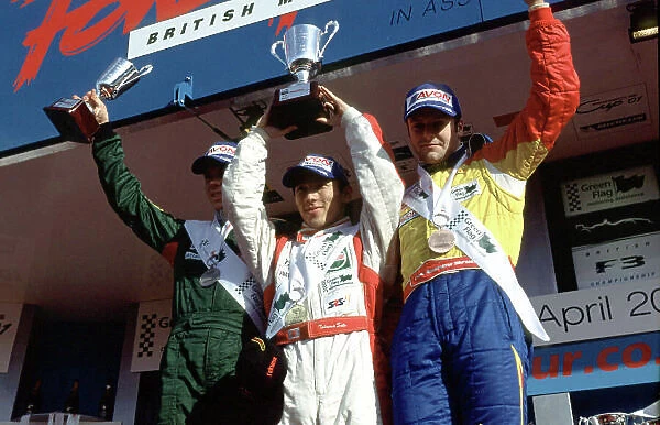 2001 British Formula Three Donington, England. 29th April 2001. Takuma sato 1st (Carlin Motorsport), Andre Lotterer 2nd (Jaguar Racing) and Gianmaria Bruni 3rd (Fortec Renault)