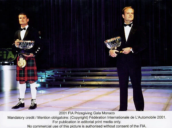 2001 FIA Prizegiving Gala Monaco David Coulthard and Rubens Barrichello Mandatory credit  /  Mention obligatoire: Copyright Federation Internationale de L'Automobile 2001. For publication in editorial print media only. No commercial use of this