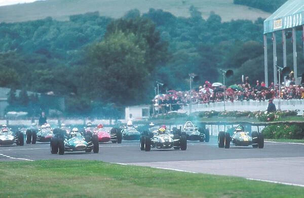 2001 Goodwood Revival. Goodwood, Sussex, England. 15-16 September 2001. Frank Sytner (Brabham BT4 Climax), Paul Edwards (Cooper T79 Climax) and Martin Stretton (Lotus 25 Climax) lead away at the start of the Glover Trophy race