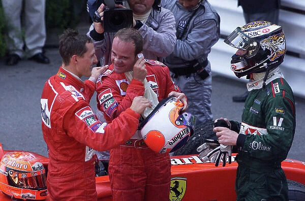 2001 Monaco Grand Prix - Race Monte Carlo, Monaco. 29th May 2001. The top three finished celebrate, Michael Schumacher, Ferrari F2001, (1st, team mate Rubens Barrichello, (2nd) and Eddie Irvine