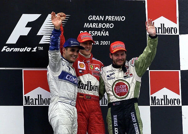 2001 Spanish Grand Prix - Race. Barcelona, Spain. 29th April 2001. Race winner Michael Schumacher, Ferrari F2001, Juan Pablo Montoya, BMW Williams FW23 (2nd) and Jacques Villeneuve