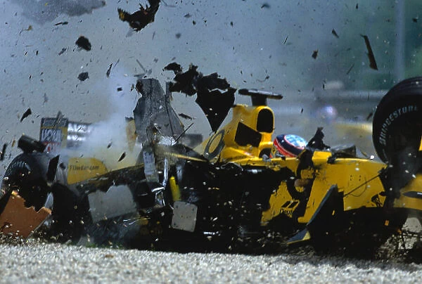 2002 Austrian Grand Prix A-1 Ring, Zeltweg, Austria. 12th May 2002 The Jordan Honda chassis of Takuma Sato ploughs into the gravel trap after a huge accident which saw the Sauber of Nick Heidfeld impact violently with the side of Sato's car as he