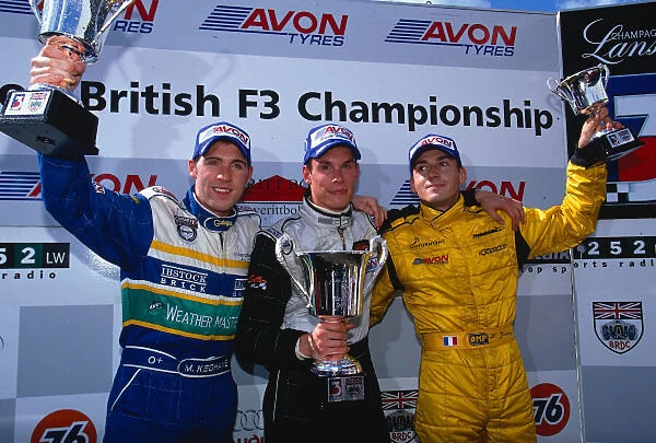 2002 British Formula Three Championship Castle Combe, England. 22nd - 23rd June 2002. Alan van der Merwe (Carlin Motorsports), 1st, Michael Keohane, 2nd, and Bruce Jounanny, 3rd. World Copyright: Peter Spinney  /  LAT Photographic. ref: 35mm Image A10