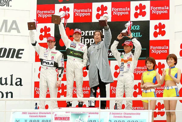 2002 Formula Nippon Championship Fuji, Japan. 07th April 2002, Race podium - Satoshi Motoyama (Xbox Impul), 1st, Ralph Firman (PIAA Nakajima), 2nd, Juichi Wakisaka (ATRA)