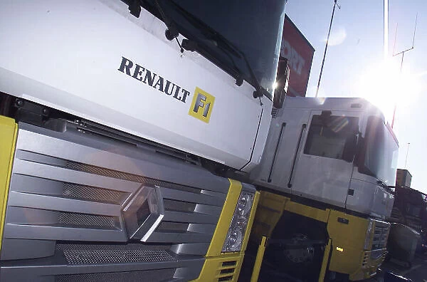 2002 Formula One Testing Circuit De Catalunya, Barcelona, Spain. 7th January 2002. RenaultF1 trucks line up, as the car maker prepares for its first full test under the Renault baner
