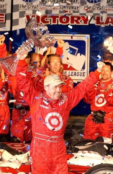2002 Texas IRL, 8 June, 2002. Jeff Ward holds the trophy after winning the Boomtown
