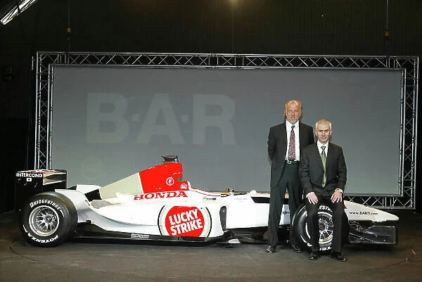 2003 Lucky Strike BAR Honda Launch Barcelona, Spain. 14th January 2003 David Richards and Geoffrey Willis with new BAR 005 World Press Copyright Free Ref: digital file only