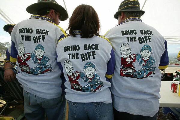 2004 Australian V8 Supercars. Bathurst 1000, Bathurst, Australia. 10th October 2004 Three fans have a clear message on the back's of their shirts. Atmosphere. Photo: Mark Horsburgh / LAT Photographic Ref:Digital Image only