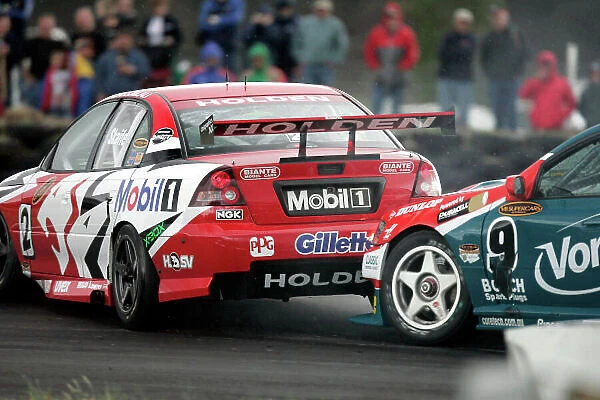 2004 Australian V8 Supercars Symmons Plain Raceway, Tasmania. November 14th. V8 Supercar driver Mark Skaife spins out of race 1 after he and Russell Ingall came togeather in turn 1 during race 1
