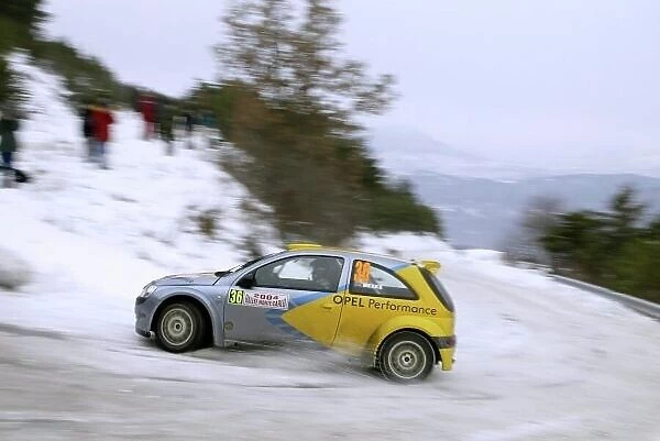 2004 FIA World Rally Championship Monte Carlo Rally, Monte Carlo, 23rd - 25th January. Kris Meeke  /  Chris Patterson (JWRC), Opel Corsa. 14th place overall. Action. World Copyright: McKlein / LAT ref: Digital Image Only