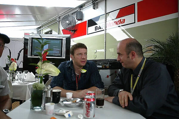 2004 French Grand Prix-Sunday Race, Magny-Cours, France. 4th July 2004. French actor, Samuel Lebihan visits BAR Honda. World Copyright LAT Photographic. Digital Image only (a high res version is available on request)