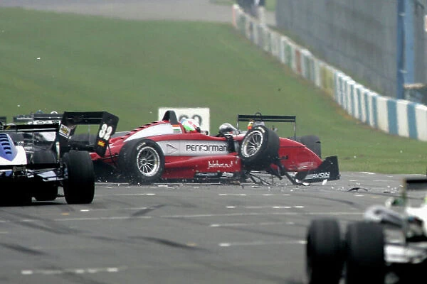 2005 British Formula Three Championship Donington Park, England. April 3rd, 2005. Suk Sandher crash World copyright: Jakob Ebrey / LAT Photographic