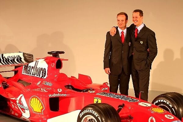 2005 Ferrari Launch: Rubens Barrichello Ferrari F2005 and Michael Schumacher Ferrari F2005