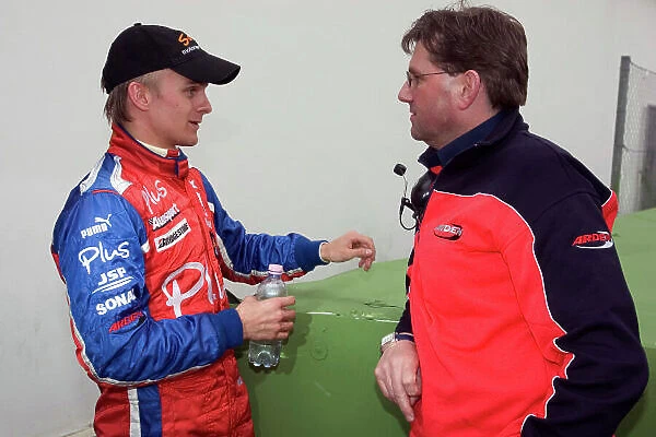2005 GP2 Series - Imola Autodromo Enzo e Dino Ferrari, Italy. 21st - 24th April. Saturday - Race 1. Winner Heikki Kovalainen (FIN, Arden International) thanks Race Engineer Mick Cook. Portrait