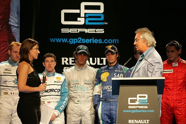 2005 GP2 Series Launch. Lee MacKenzie interview Flavio Briatore at the presentation. Paul Ricard, France. 6th April 2005. Photo: GP2 Series Media Service. Ref: Digital Image Only
