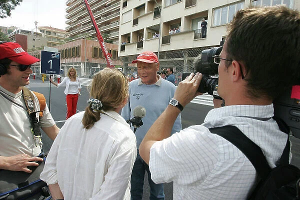 2005 GP2 Series - Monaco Monte-Carlo. 20th & 21st May Saturday - Race Niki Lauda is interviewed on the GP2 Grid. Portrait. Photo: GP2 Series Media Service ref: Digital Image Only