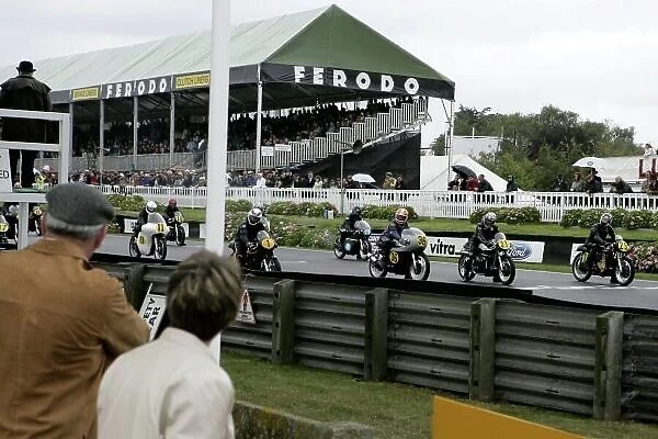 2006 Goodwood Revival Meeting. Goodwood, West Sussex. 2nd - 3rd September 2006 Barry Sheene Memorial Trophy. Fred Walmsie 1, Chas Mortimer 36, Niall Mackenzie 21 and Malcolm Clark 29 await the off. World Copyright