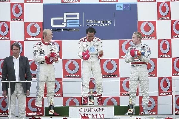2006 GP2 Series. Round 3. Nurburgring, Germany. 6th May 2006. Saturday race. Lewis Hamilton (GBR, ART Grand Prix) 1st, Alexandre Premat (FRA, ART Grand Prix) 2nd, Adam Carroll (GBR, Racing Engineering) 3rd
