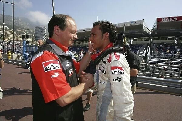 2006 GP2 Series. Round 5. Monte-Carlo, Monaco. 26th May 2006. Friday Qualifying. Lewis Hamilton (GBR, ART Grand Prix) celebrates pole position with Frederic Vasseur (FRA)