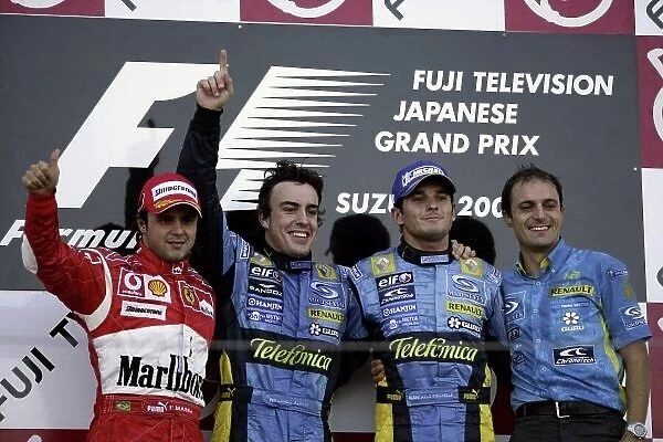 2006 Japanese Grand Prix - Sunday Race Suzuka, Japan. 5th - 8th October 2006 Felipe Massa, Ferrari 248F1, 2nd position, Fernando Alonso, Renault R26, 1st position, Giancarlo Fisichella, Renault R26, 3rd position, with Fabrice Lom