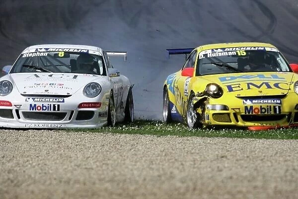 2006 San Marino Grand Prix - Porsche Supercup Imola, Italy. 20th - 23rd April 2006 Stephan and Huisman collide and run off into the gravel. Action. World Copyright: Charles Coates / LAT Photographic ref: Digital Image ZK5Y9947