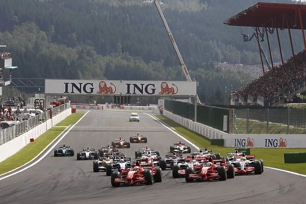 2007 Belgian Grand Prix - Sunday Race: Kimi Raikkonen, Ferrari F2007, 1st position, Felipe Massa, Ferrari F2007, 2nd position, Fernando Alonso