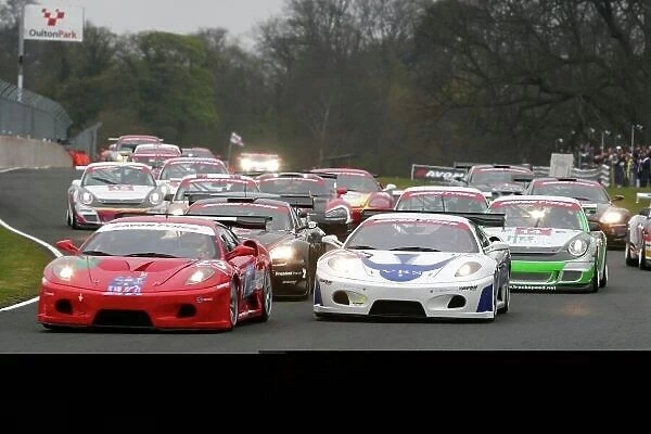2007 British GT Championship. Oulton Park, England. 6th - 9th April 2007. Hector Lester / Tim Mullen (Ferrari 420 GT3) leads Phil Burton / Adam Wilcox (Ferrari 430 GT3) and the field at the start of the race. Action. World Copyright
