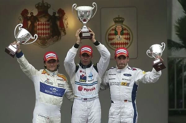 2007 GP2 Series. Round 3. Saturday Race. Monte-Carlo, Monaco. 26th May 2007. Pastor Maldonado (VEN, Trident Racing) celebrates victory with Giorgio Pantano (ITA, Campos Grand Prix) and Timo Glock (GER, iSport International)