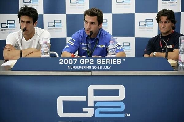 2007 GP2 Series. Round 6. Nurburgring, Germany. 20th July 2007. Friday Practice. Timo Glock (GER, iSport International), Lucas di Grassi (BRA, ART Grand Prix) and Giorgio Pantano (ITA, Campos Grand Prix) in the press conference