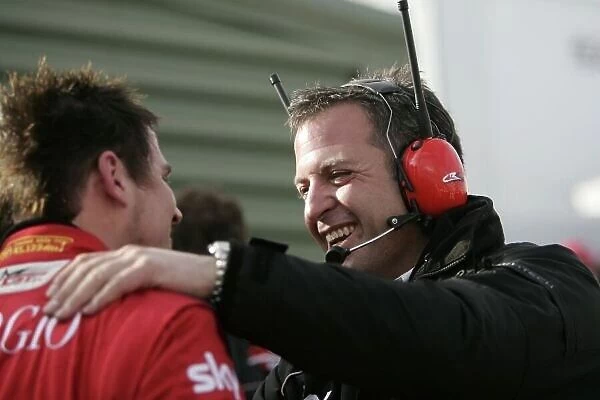 2008 British GT Championship. Knockhill, Scotland. 12th - 13th April 2008. Luke Hines (Ferrari 430 GT3) celebrate with Chris Nairchos in parc ferme after winning the race. Portrait. World Copyright: Drew Gibson / LAT ref: Digital Image _U4Z6860