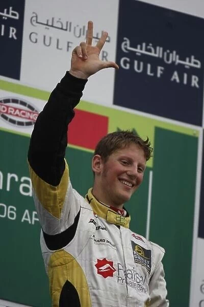 2008 GP2 Asia Series. Saturday Race. Bahrain International Circuit. Sakhir, Bahrain. 5th April. Romain Grosjean (FRA, ART Grand Prix) celebrates victory. World Copyright: Glenn Dunbar / GP2 Series Media Service. Service ref:__O9T0375.jpg
