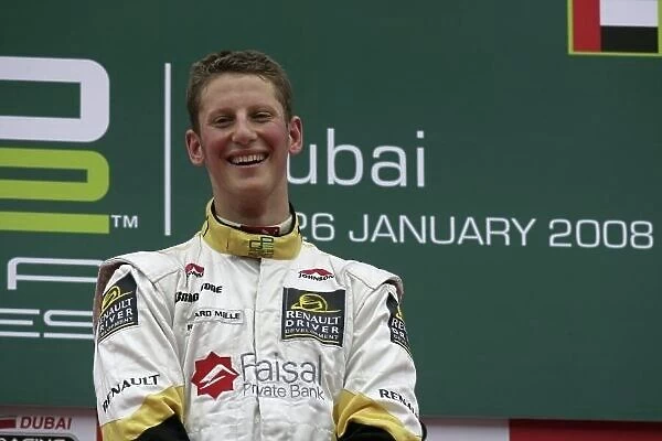 2008 GP2 Asia Series. Saturday Race. Dubai. Dubai Autodrome. 26th January. Romain Grosjean (FRA, ART Grand Prix) celebrates victory. World Copyright: Alastair Staley / GP2 Series Media Service ref: _P9O2102