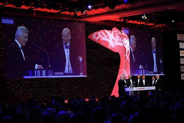 2013 Autosport Awards. Grosvenor House Hotel, Park Lane, London. Sunday 1st December 2013. Adrian Newey, Chief Technical Officer, Red Bull Racing, with the Red Bull team on stage to collect the Best Racing Car award