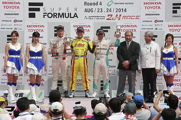 2014 All-Japan F3 Championship. Motegi, Japan. 23rd - 24th August 2014. Rd 5. Race 2 - Winner Mitsunori Takaboshi ( #22 B-MAX Racing Team with NDDP ) 2nd position Nobuharu Matsushita ( #7 HFDP RACING)