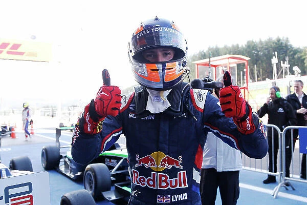 2014 GP3 Series Round 6. Spa-Francorchamps, Spa, Belgium. Sunday 24 August 2014. Alex Lynn (GBR, Carlin) celebrates his win in Parc Ferme. Photo: Jed Leicester / GP3 Series Media Service. ref: Digital Image _ED_2871