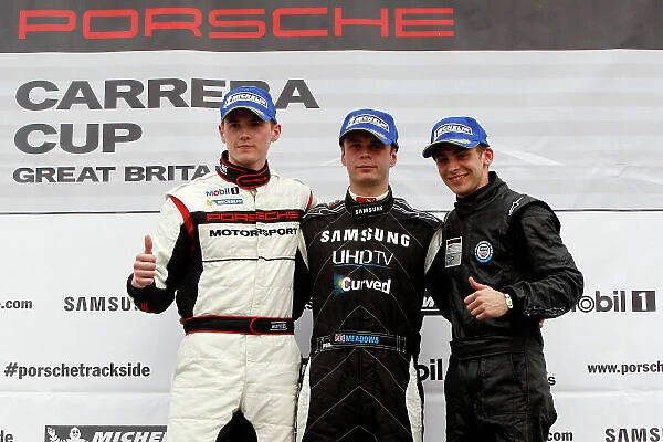 2014 Porsche Carrera Cup Great Britain, Brands Hatch, 29th-30th March 2014, Podium, Webster, Meadows and Hill World copyright. Jakob Ebrey / LAT Photographic