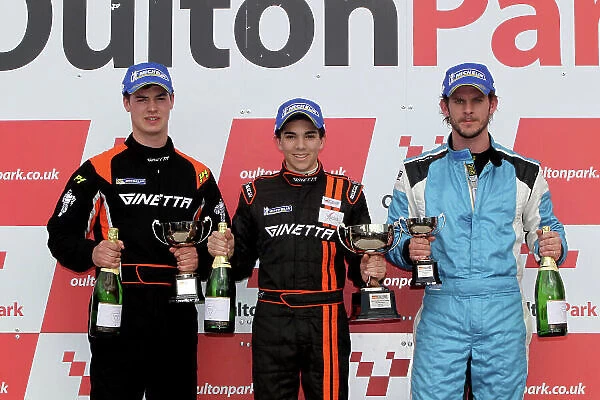 2014 Protyre Motorsport Ginetta GT5 Challenge, Oulton Park, Cheshire. 19th April 2014. Race 2 G40 Podium (l-r) George Gamble (GBR) TCR Ginetta G40, Ollie Chadwick (GBR) Xentek Motorsport Ginetta G40, Gary Simms (GBR) Buddy Racing Ginetta G40