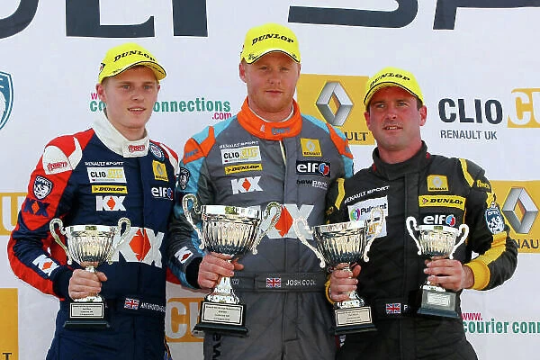 2014 Renault Clio Cup, Snetterton, Norfolk. 1st - 3rd August 2014. Race 2 Podium (l-r) Ant Whorton-Eales (GBR) SV Racing Renault Clio Cup, Josh Cook (GBR) SV Racing Renault Clio Cup, Paul Rivett (GBR) WDE Motorsport Renault Clio Cup