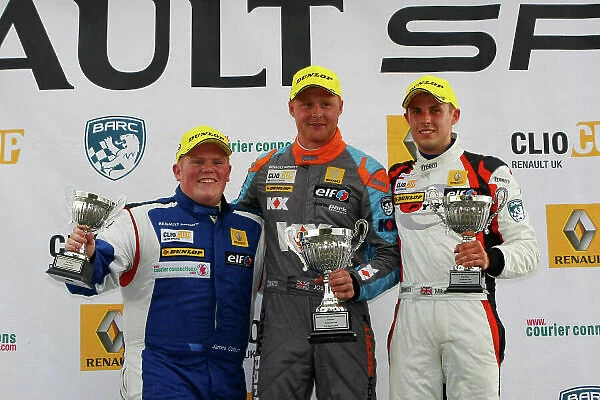 2014 Renault Clio Cup, Snetterton, Norfolk. 1st - 3rd August 2014. Race 1 Podium (l-r) James Colburn (GBR) Westbourne Motorsport Renault Clio Cup, Josh Cook (GBR) SV Racing Renault Clio Cup, Mike Bushell (GBR) Team Pyro Renault Clio Cup