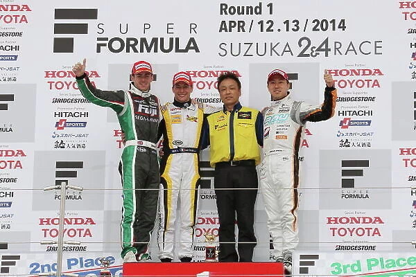 2014 Super Formula Series. Suzuka, Japan. 12th - 13th April 2014. Rd 1. Winner Loic Duval ( #8 Team KYGNUS SUNOCO SF14 ) 2nd position James Rossiter ( #3 FUJI CORPORATION KONDO SF14 ) 3rd position Hiroaki Ishiura ( #38 P.MU / CERUMO·INGING SF14)